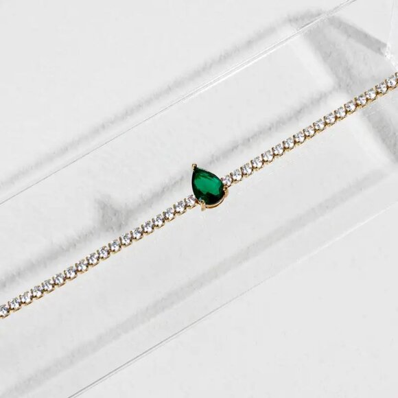 14K Gold Womens 2ct Green Emerald Teardrop Gemstone 1ct Diamond Tennis Bracelet - Picture 5 of 6